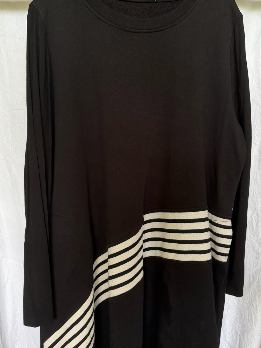 Women’s Black Crewneck Dress with Ivory Stripe Accent Alembika sz16-18